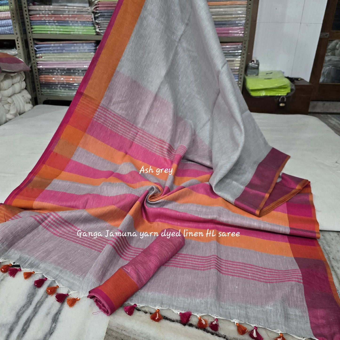 Pure Linen Plain Saree with Contrast Border, Contrast Blouse & Striped Pattu Pallu