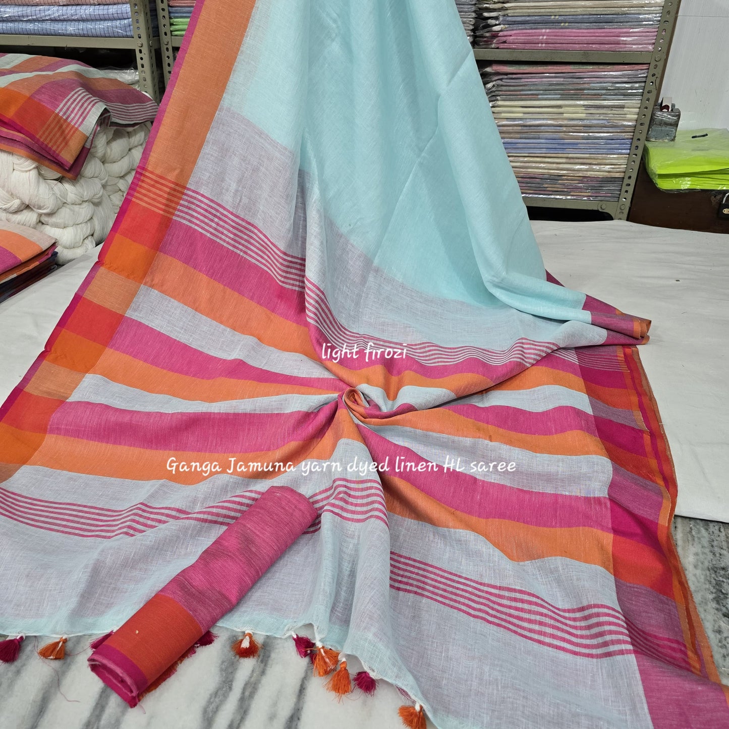 Pure Linen Plain Saree with Contrast Border, Contrast Blouse & Striped Pattu Pallu