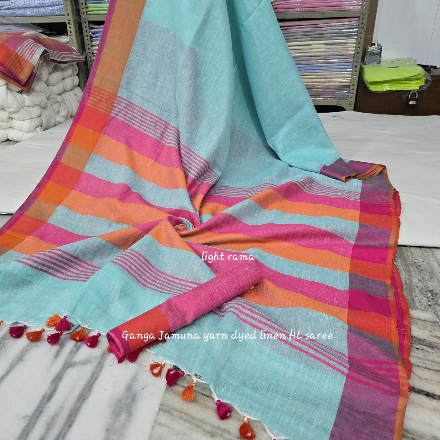 Pure Linen Plain Saree with Contrast Border, Contrast Blouse & Striped Pattu Pallu