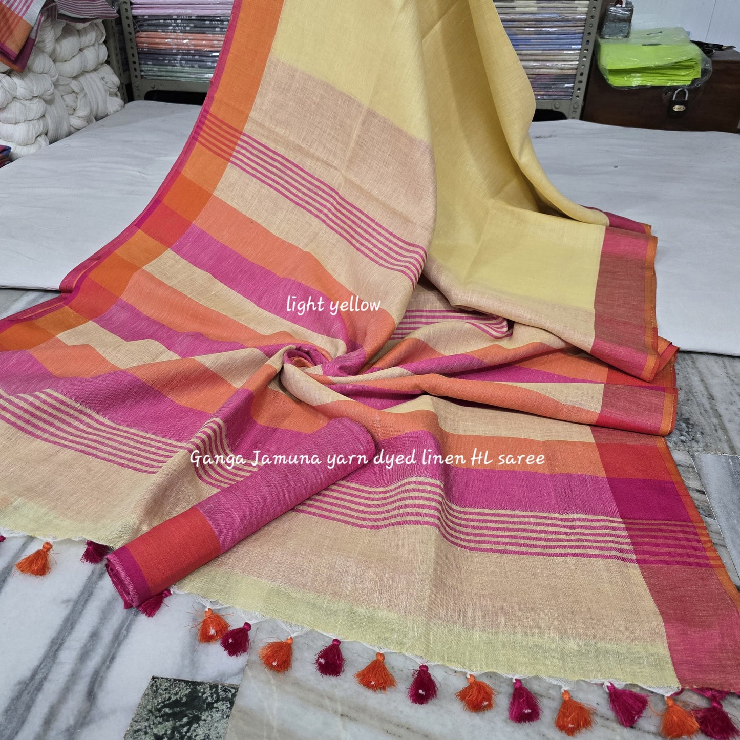 Pure Linen Plain Saree with Contrast Border, Contrast Blouse & Striped Pattu Pallu