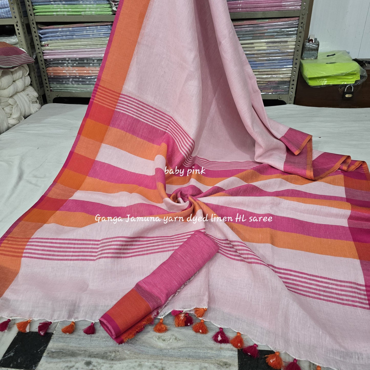 Pure Linen Plain Saree with Contrast Border, Contrast Blouse & Striped Pattu Pallu