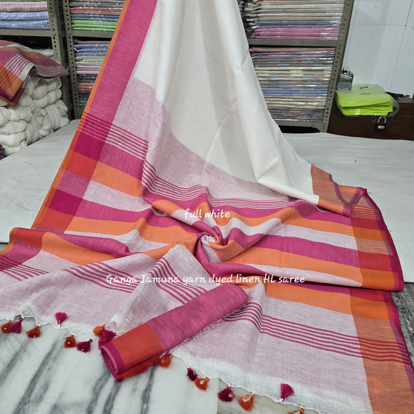 Pure Linen Plain Saree with Contrast Border, Contrast Blouse & Striped Pattu Pallu