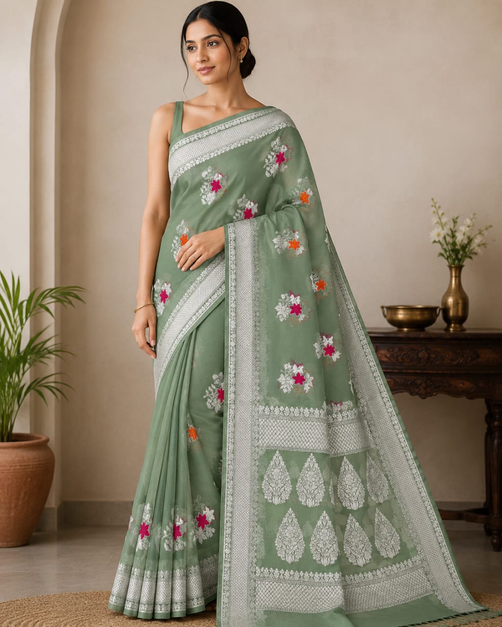 Handwoven Pure Georgette Khaddi Silver Zari Work Saree with Velvet Meenakari Work