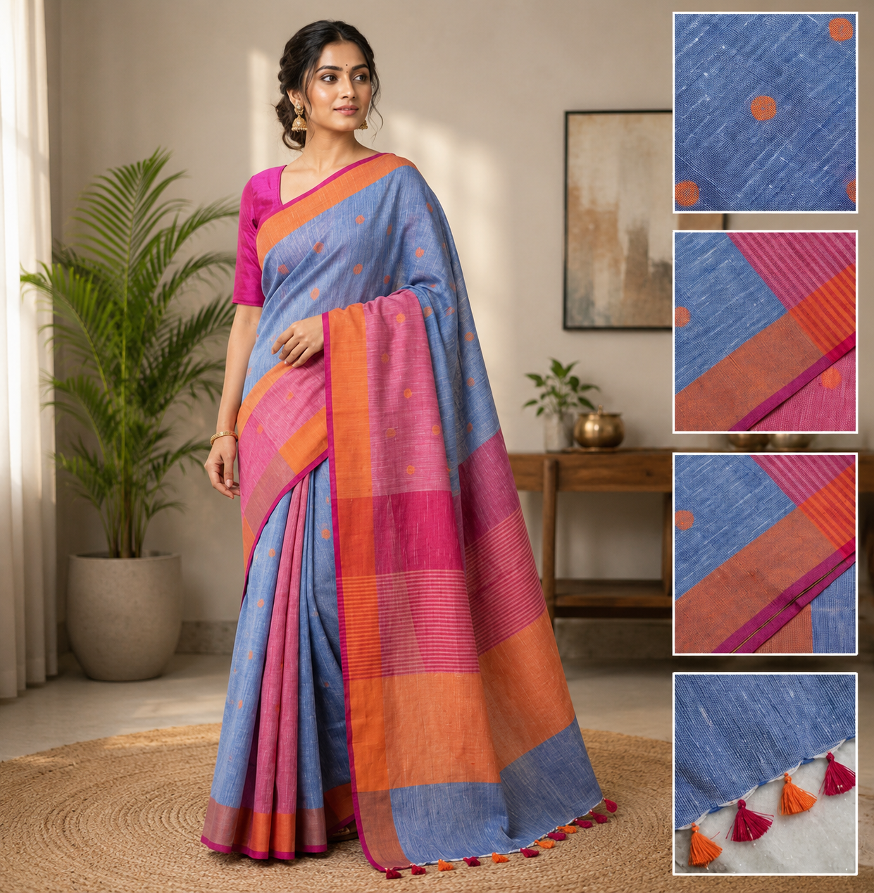 Pure Linen Butta Saree with Contrast Piping & Pattu Pallu