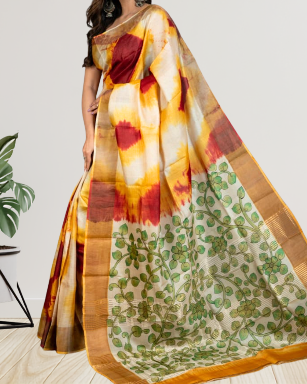 Hand-Painted Kalamkari Shibori Zari Tussar Silk Saree | Silk Mark Certified | Pre-Booking