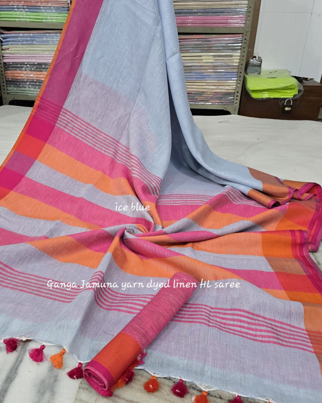 Pure Linen Plain Saree with Contrast Border, Contrast Blouse & Striped Pattu Pallu