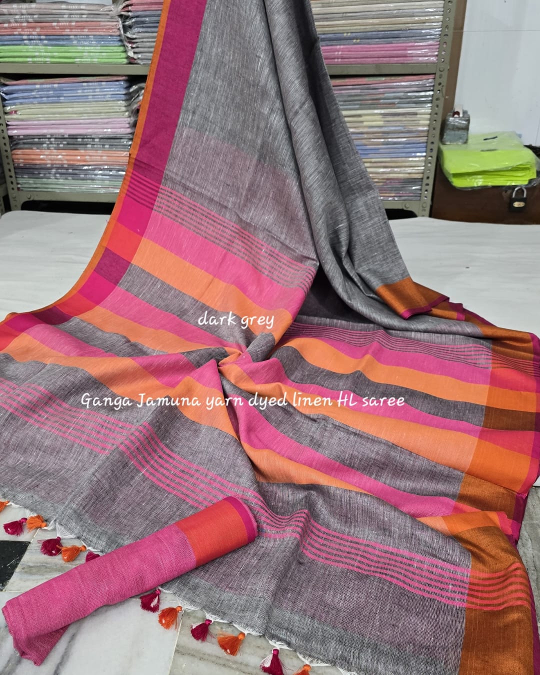 Pure Linen Plain Saree with Contrast Border, Contrast Blouse & Striped Pattu Pallu