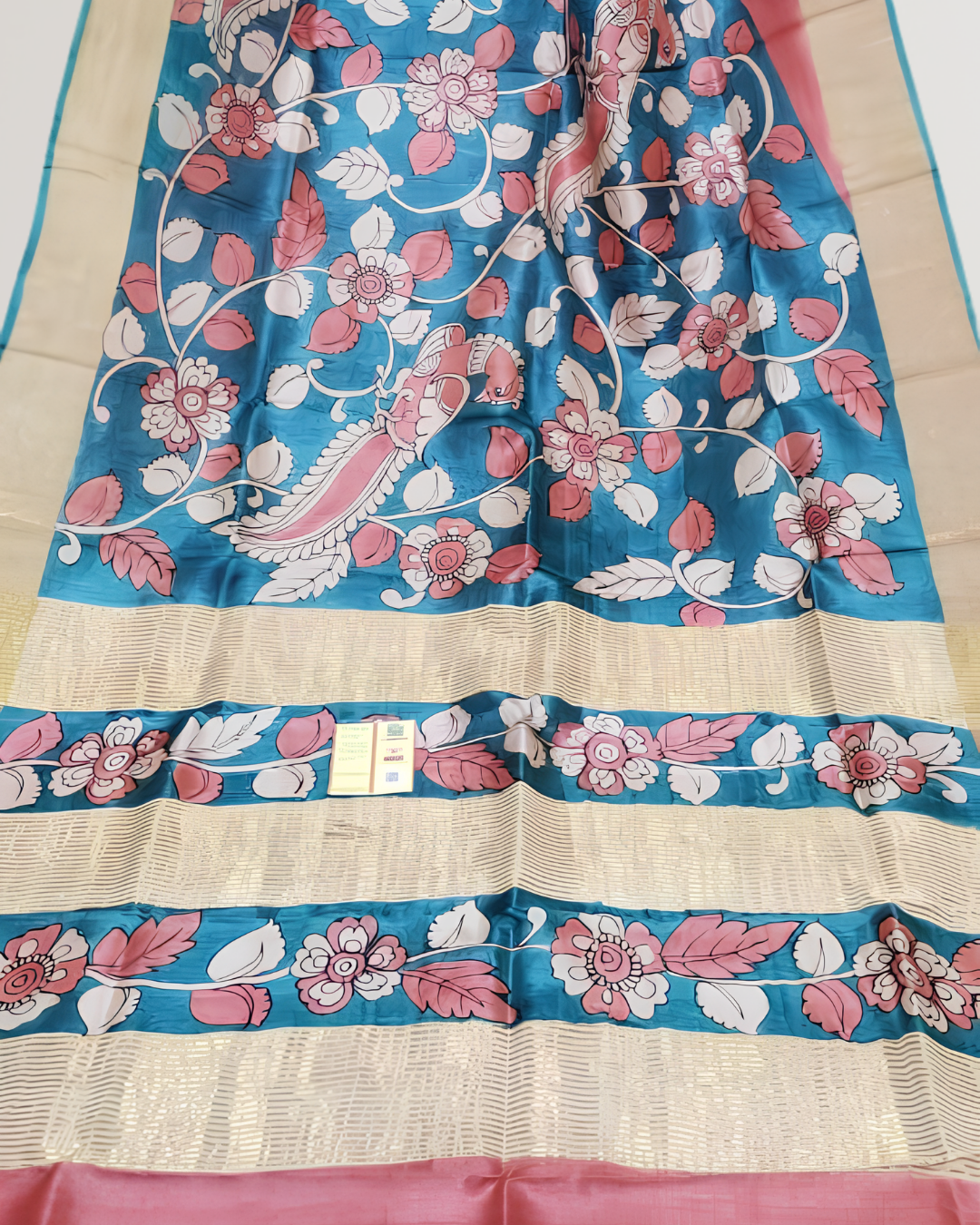 Hand-Painted Kalamkari On Check Zari Tussar Silk Saree | Silk Mark Certified | Pre-Booking