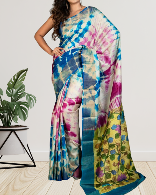 Hand-Painted Kalamkari Shibori Zari Tussar Silk Saree | Silk Mark Certified | Pre-Booking