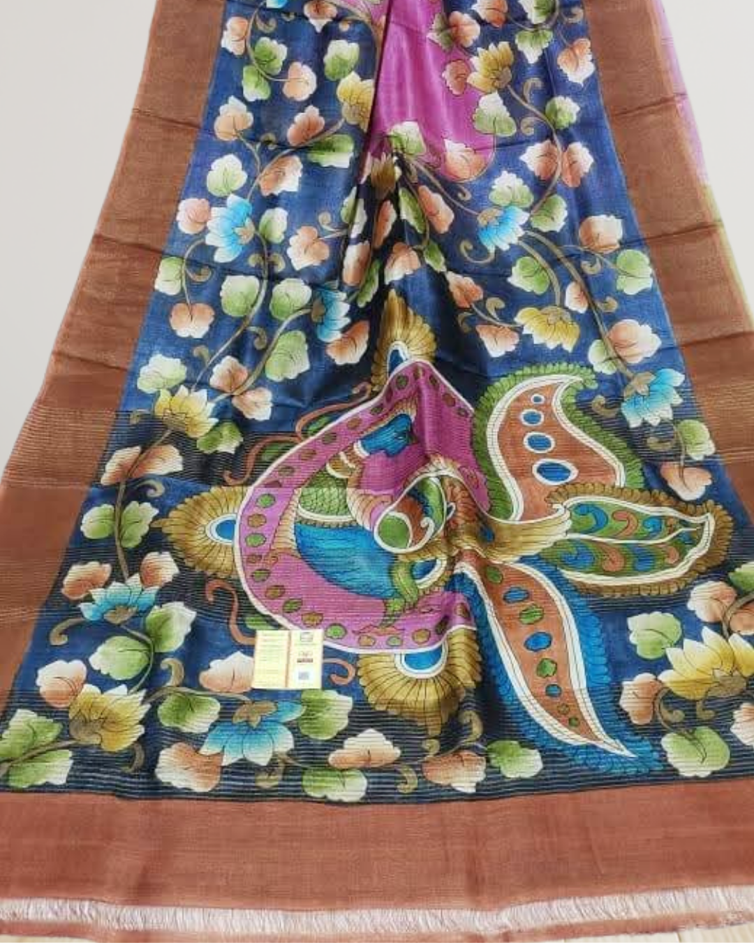 Hand-Painted Kalamkari On Check Zari Tussar Silk Saree | Silk Mark Certified | Pre-Booking