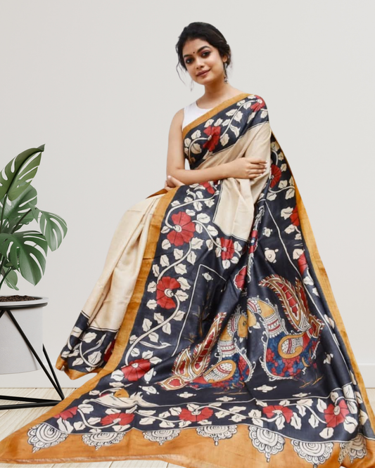 Hand-Painted Kalamkari on Zari Tussar Silk Saree | Silk Mark Certified | Pre-Booking