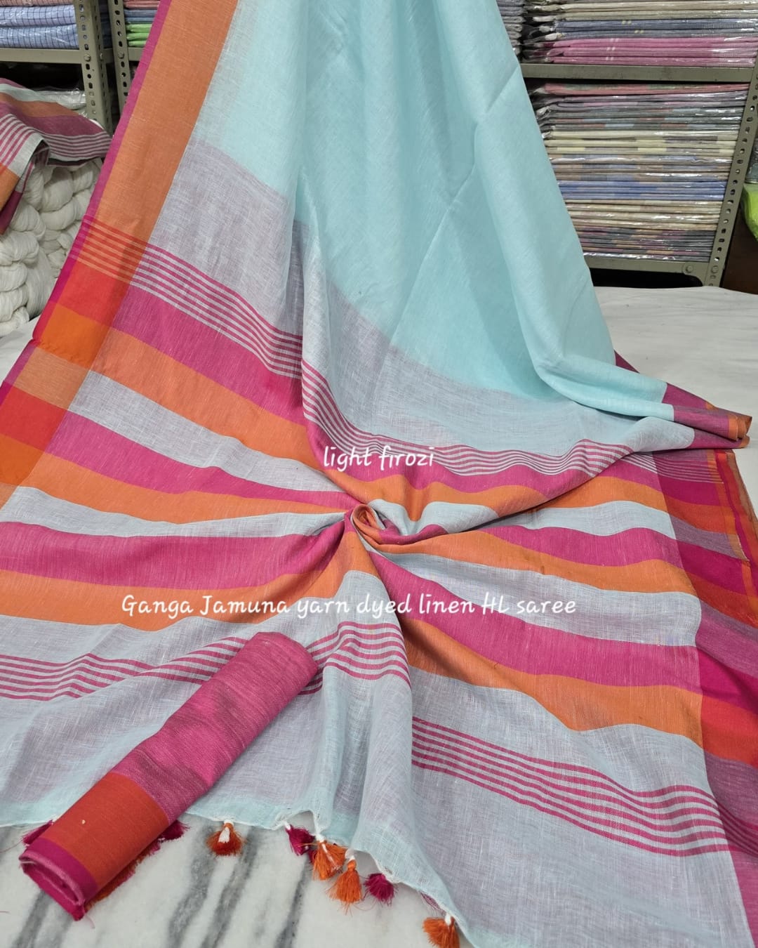 Pure Linen Plain Saree with Contrast Border, Contrast Blouse & Striped Pattu Pallu