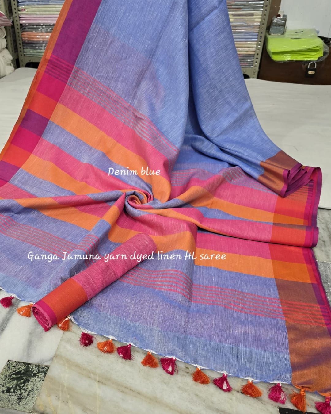 Pure Linen Plain Saree with Contrast Border, Contrast Blouse & Striped Pattu Pallu