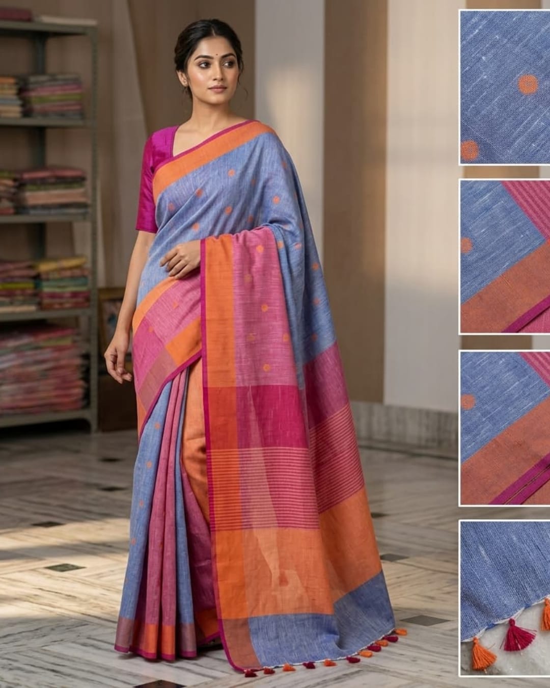 Pure Linen Butta Saree with Contrast Piping & Pattu Pallu