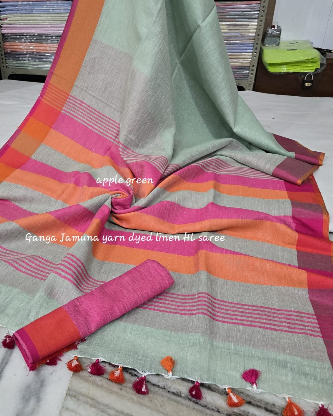 Pure Linen Plain Saree with Contrast Border, Contrast Blouse & Striped Pattu Pallu