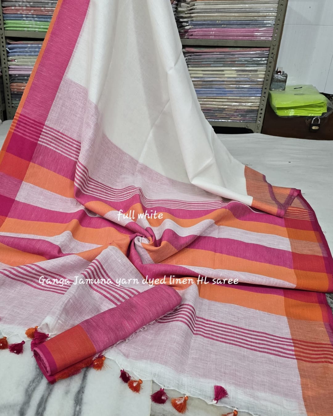 Pure Linen Plain Saree with Contrast Border, Contrast Blouse & Striped Pattu Pallu