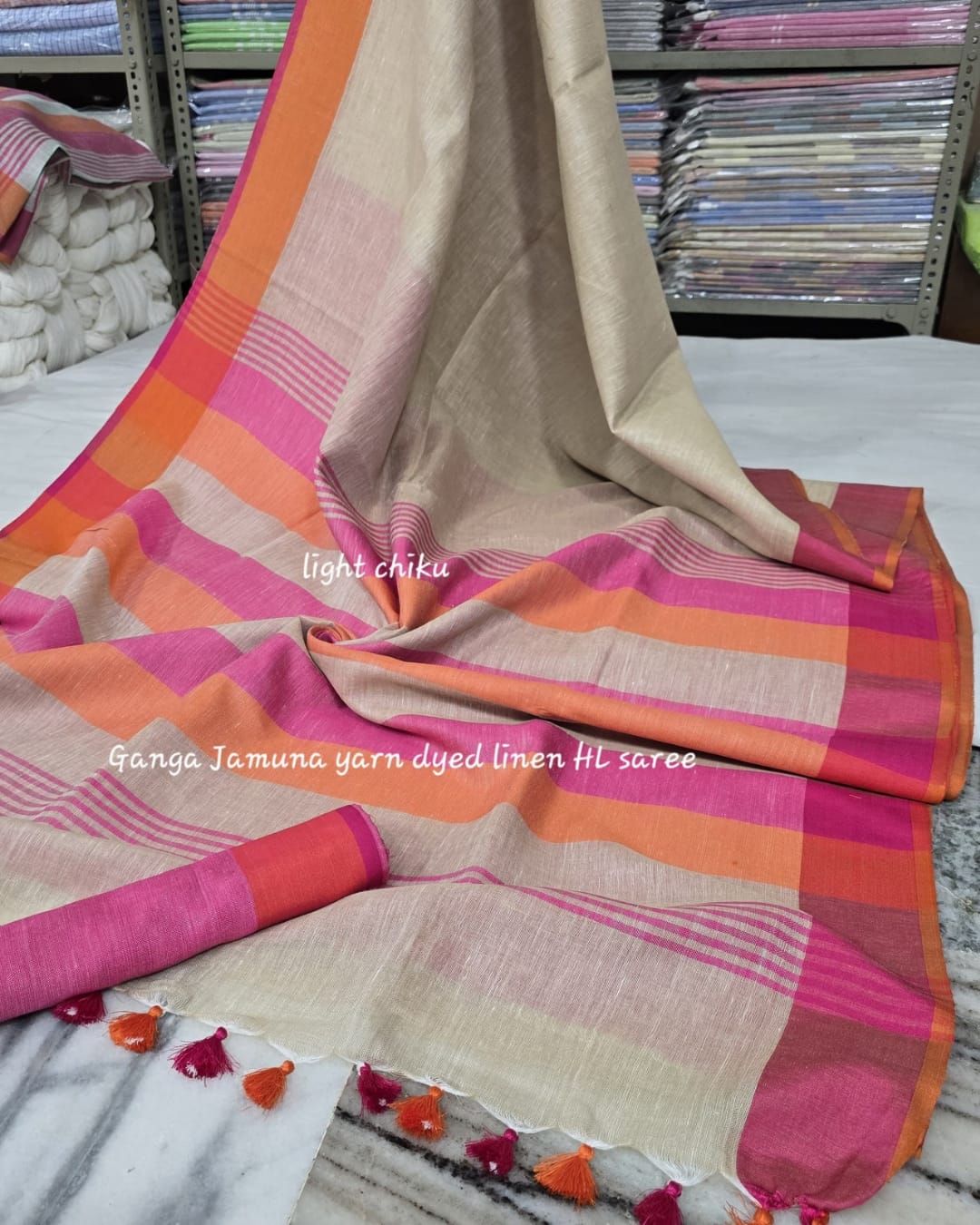 Pure Linen Plain Saree with Contrast Border, Contrast Blouse & Striped Pattu Pallu