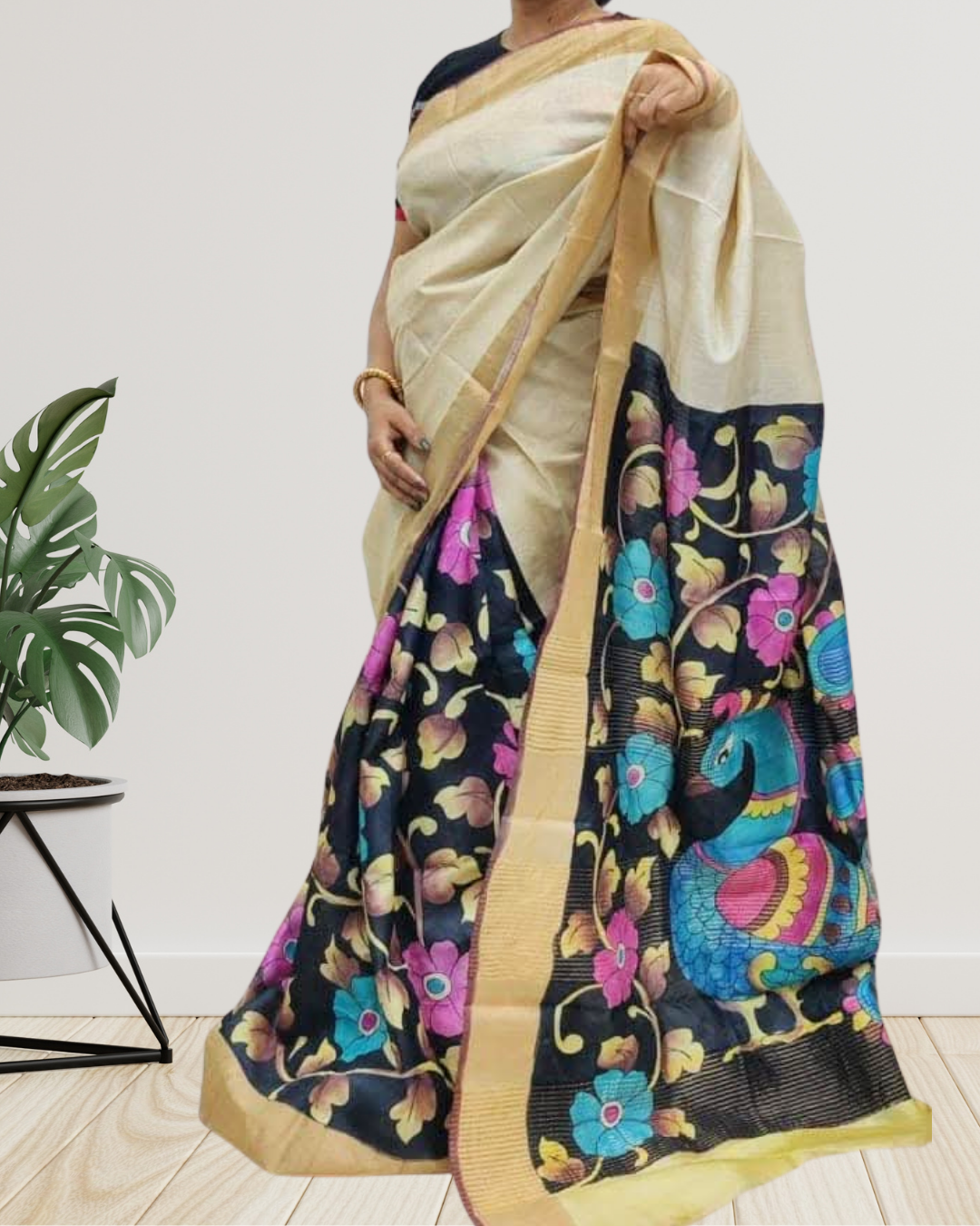 Hand-Painted Kalamkari on Zari Tussar Silk Saree | Silk Mark Certified | Pre-Booking