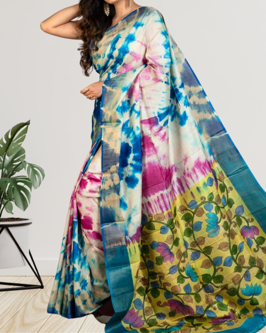 Hand-Painted Kalamkari Shibori Zari Tussar Silk Saree | Silk Mark Certified | Pre-Booking