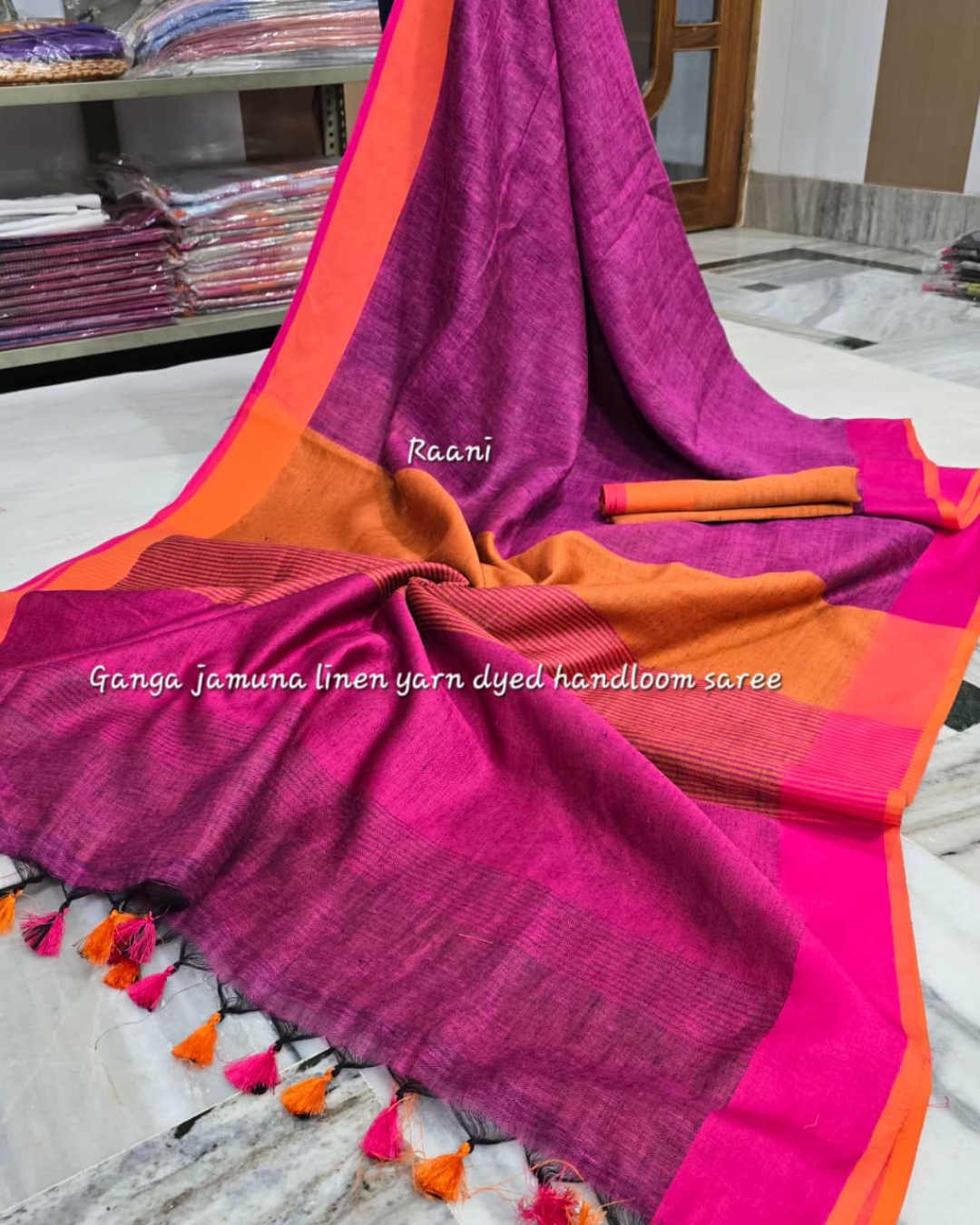 Pure Linen Plain Saree with Contrast Border, Contrast Blouse & Pattu Pallu