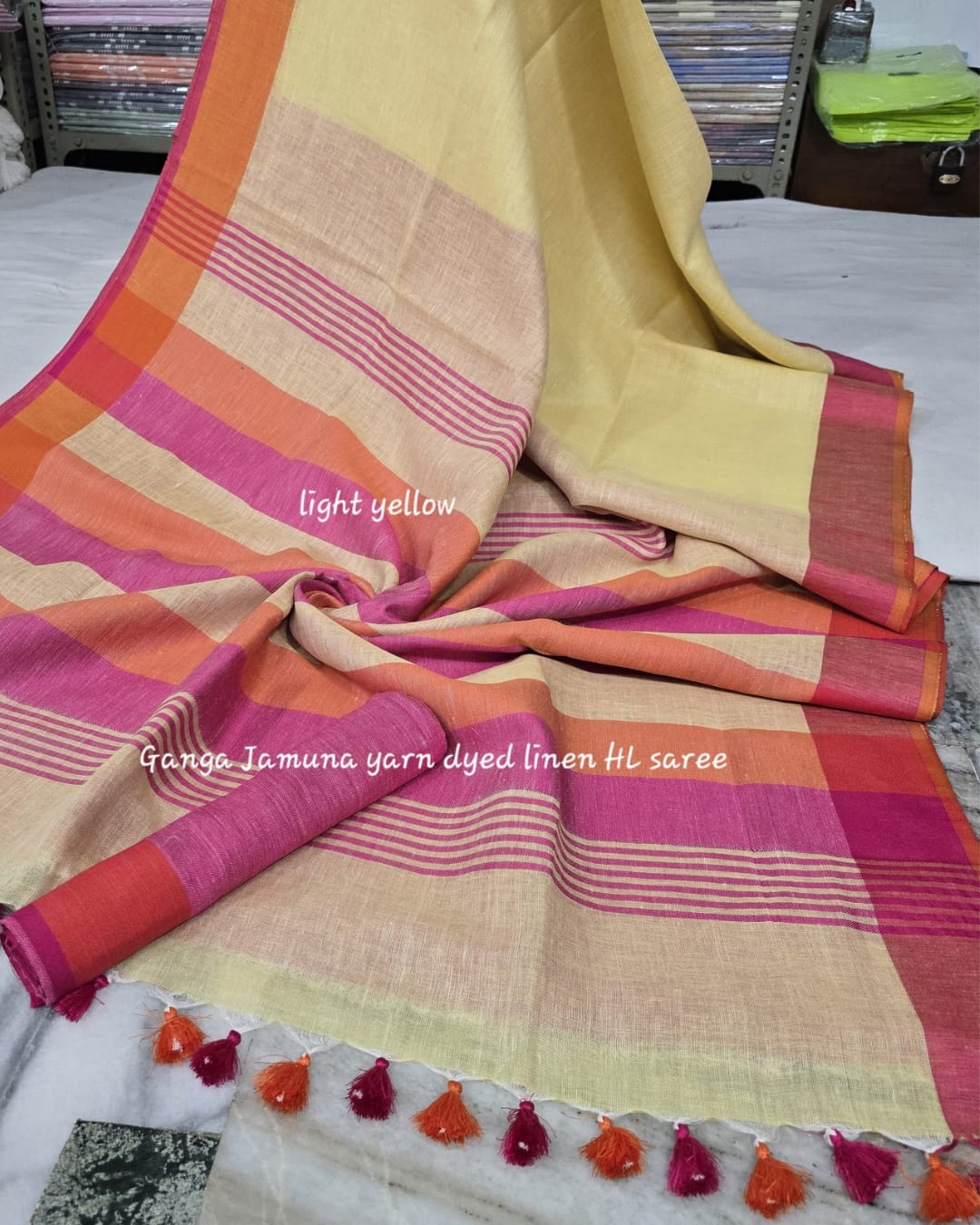 Pure Linen Plain Saree with Contrast Border, Contrast Blouse & Striped Pattu Pallu