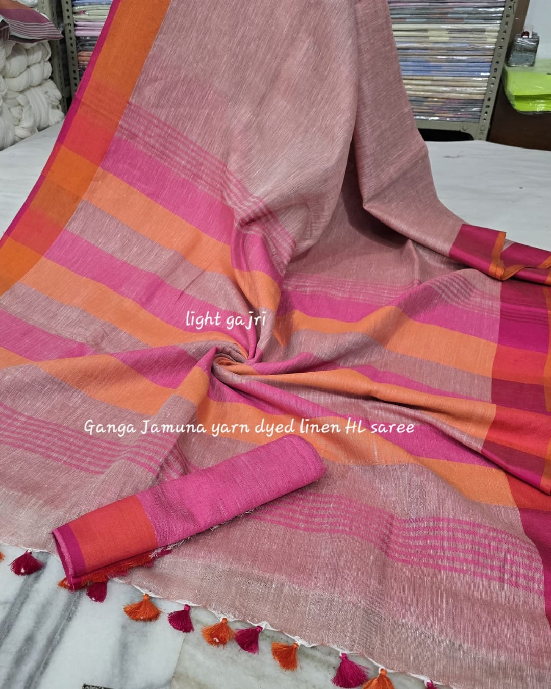 Pure Linen Plain Saree with Contrast Border, Contrast Blouse & Striped Pattu Pallu