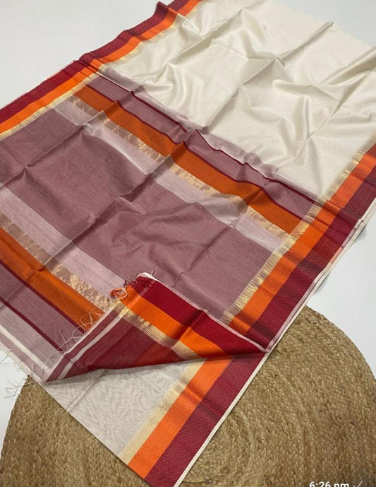 Maheshwari Handloom Silk Cotton Saree with Resham Border & Contrast Blouse