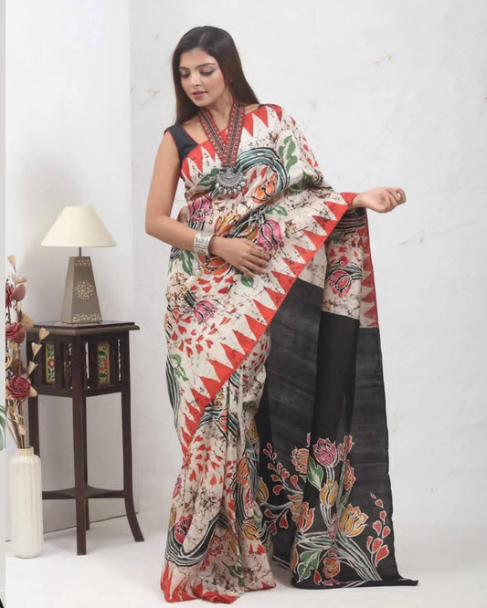 Batik Art on 3 Ply Murshidabad Silk Saree | Silk Mark Certified | Pre-Booking