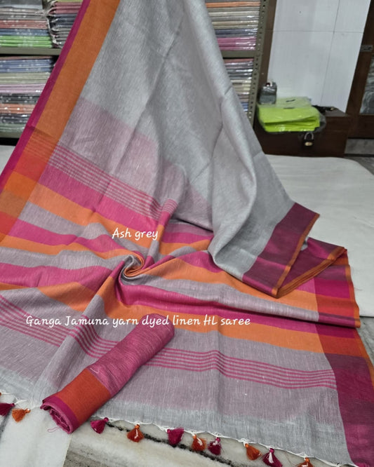 Pure Linen Plain Saree with Contrast Border, Contrast Blouse & Striped Pattu Pallu