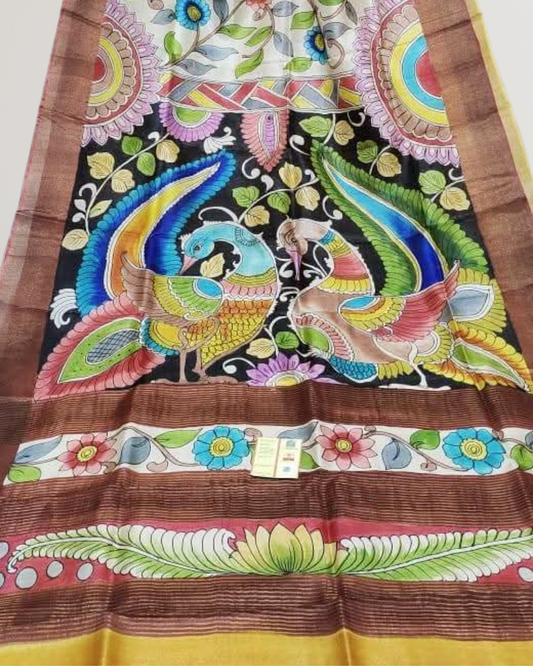 Hand-Painted Kalamkari On Check Zari Tussar Silk Saree | Silk Mark Certified | Pre-Booking