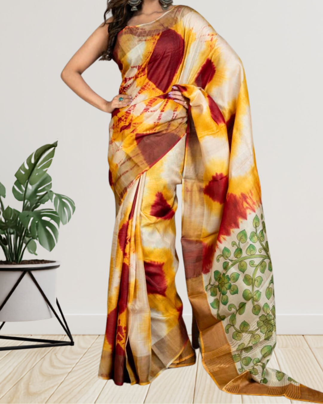 Hand-Painted Kalamkari Shibori Zari Tussar Silk Saree | Silk Mark Certified | Pre-Booking