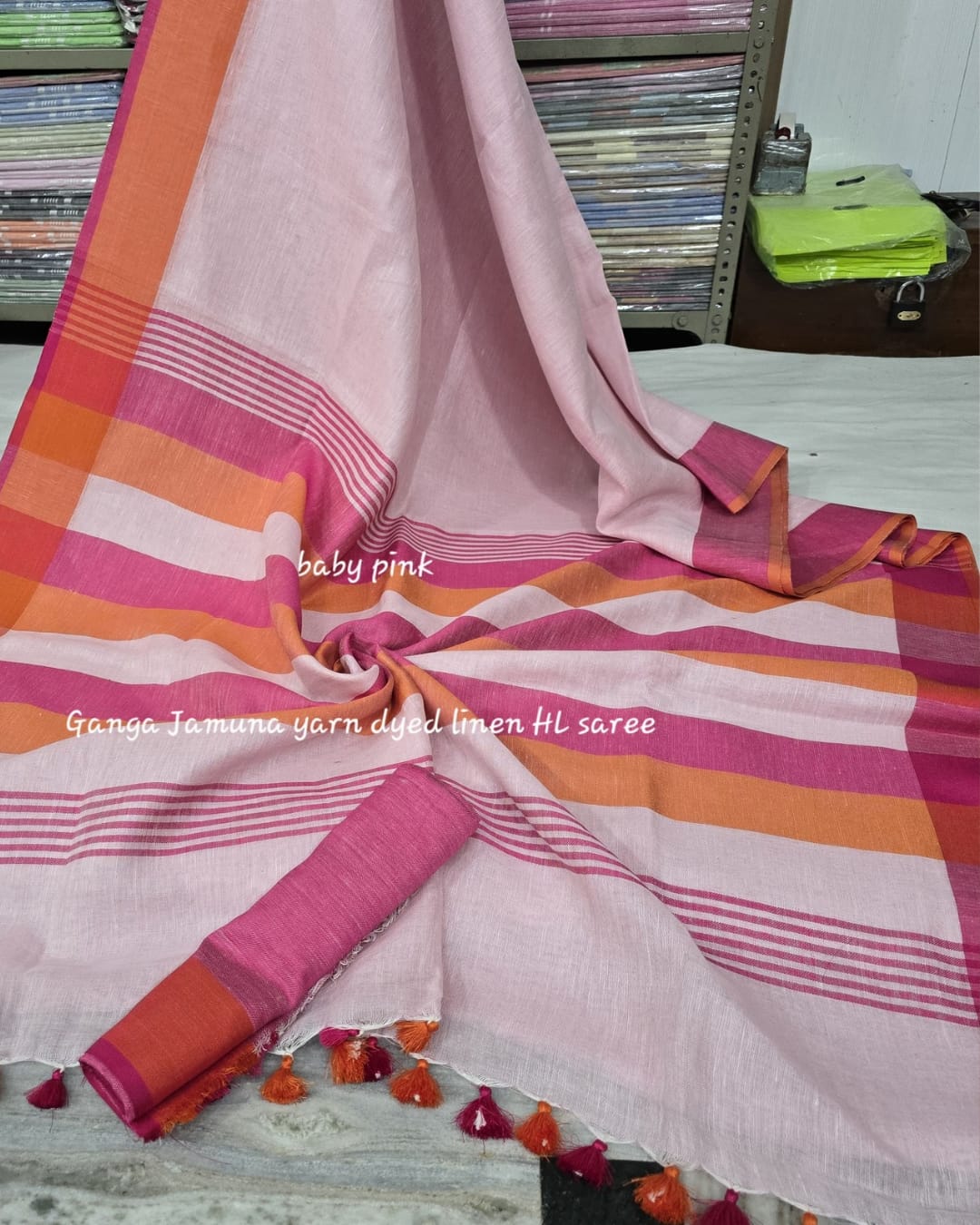 Pure Linen Plain Saree with Contrast Border, Contrast Blouse & Striped Pattu Pallu