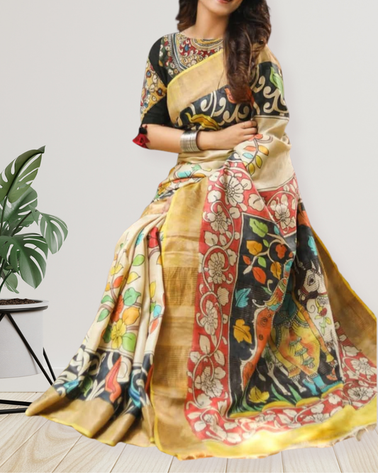 Hand-Painted Kalamkari on Zari Tussar Silk Saree | Silk Mark Certified | Pre-Booking