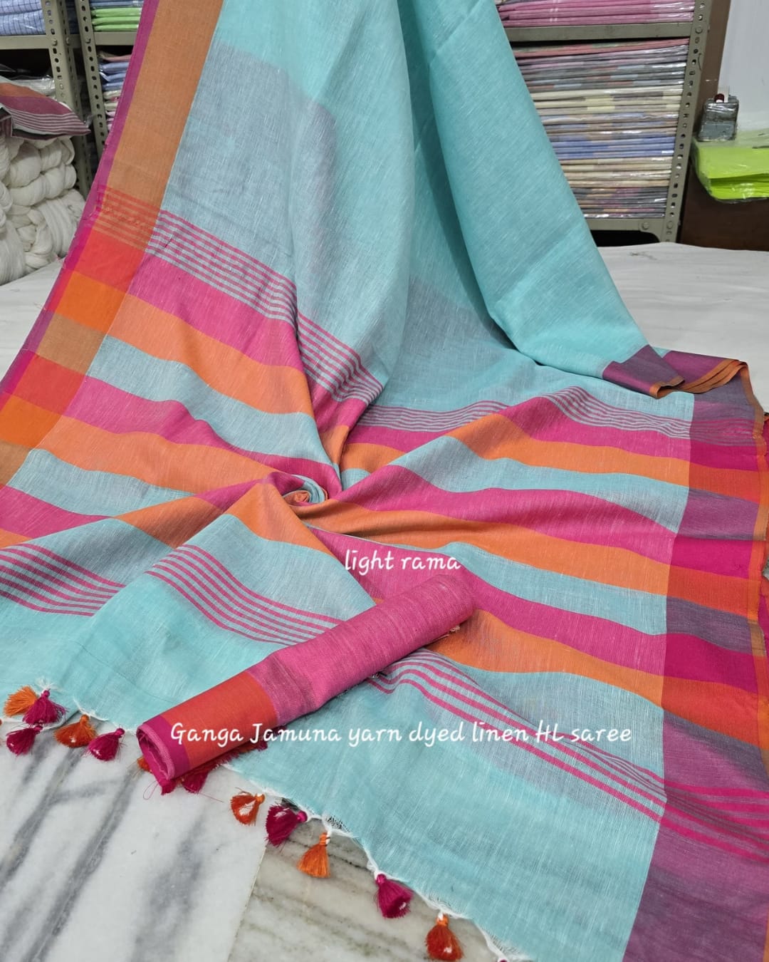 Pure Linen Plain Saree with Contrast Border, Contrast Blouse & Striped Pattu Pallu
