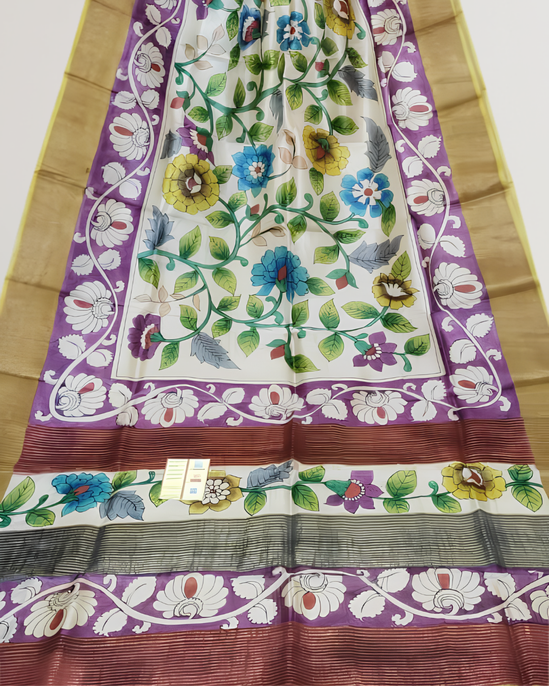 Hand-Painted Kalamkari On Check Zari Tussar Silk Saree | Silk Mark Certified | Pre-Booking