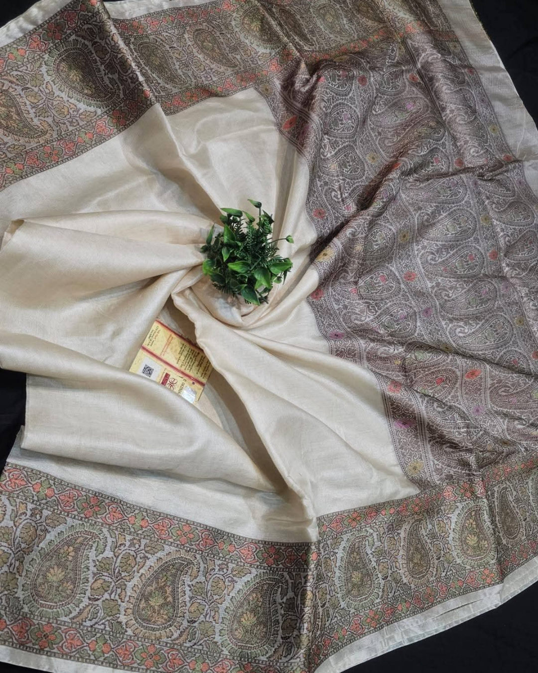 Hand-Painted Madhubani Tussar Ghicha Silk Saree with Silk Mark Certification