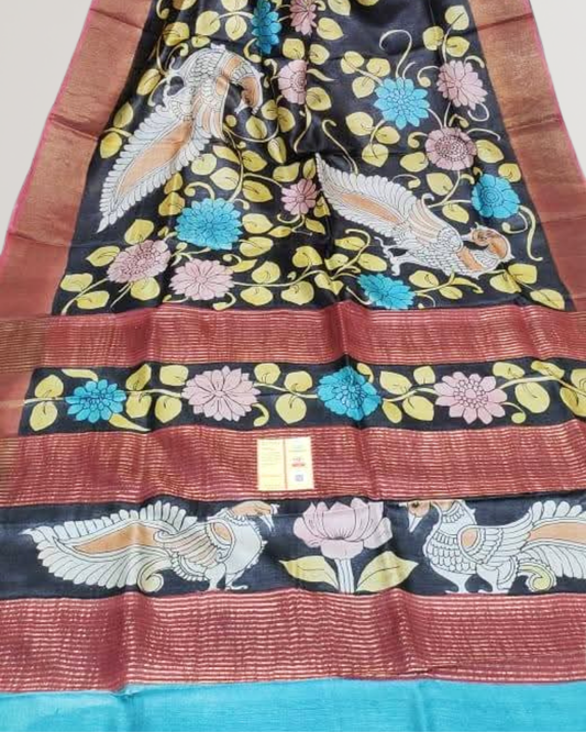 Hand-Painted Kalamkari On Check Zari Tussar Silk Saree | Silk Mark Certified | Pre-Booking
